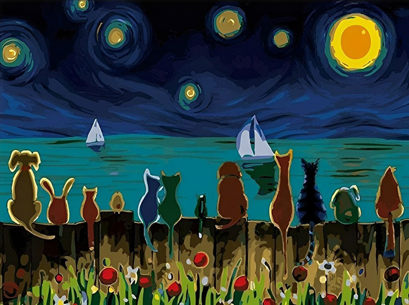 Cats at The Starry Night Diamond Painting