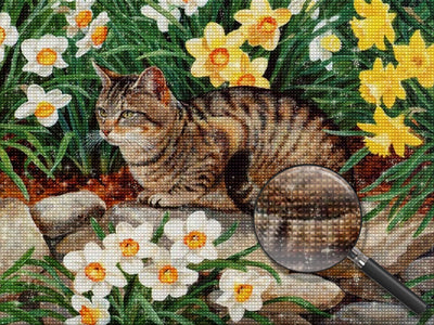 Striped Cat and Flowers Diamond Painting