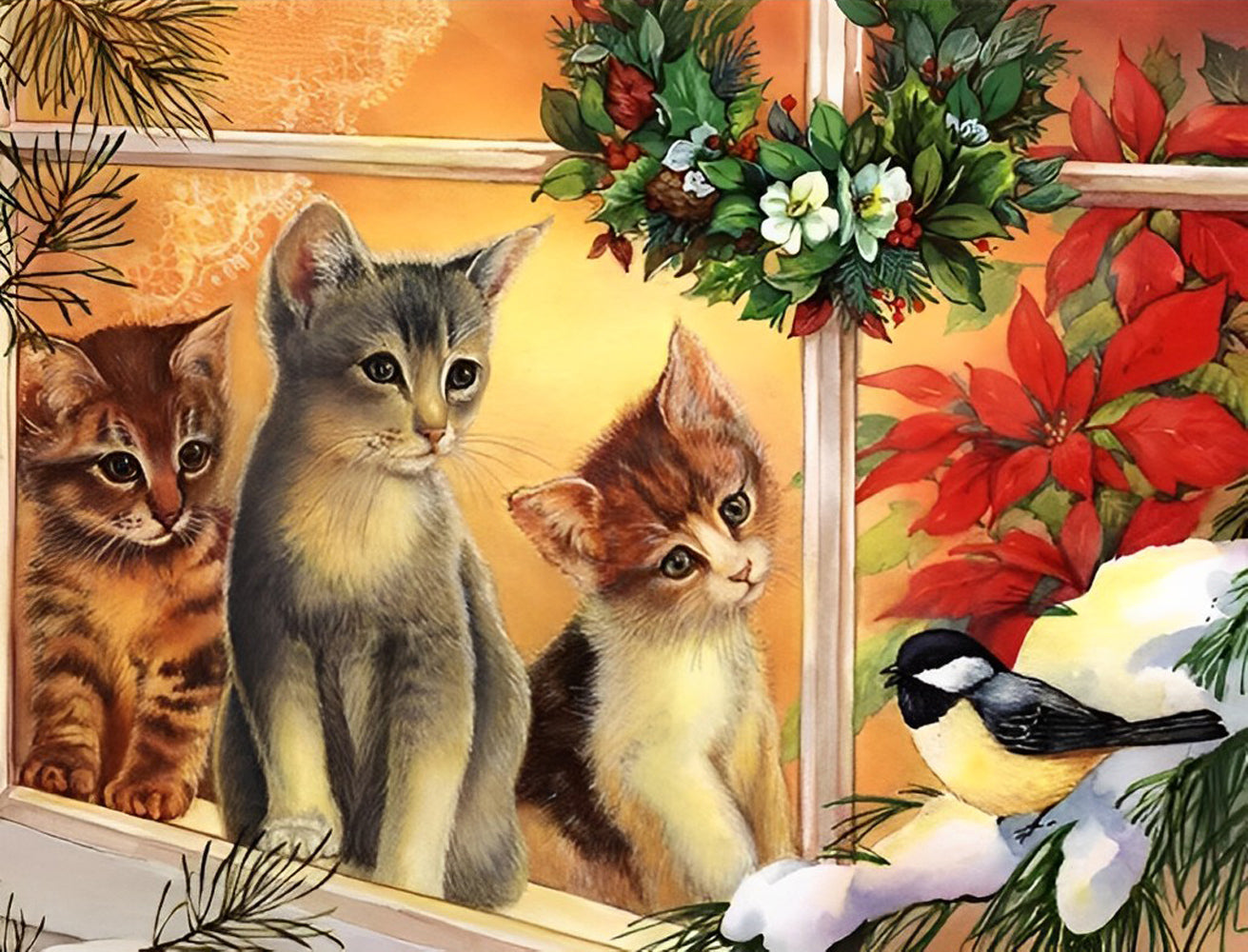 Three Kittens and Bird Diamond Painting