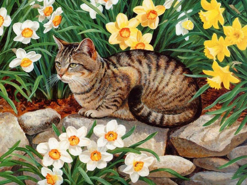 Striped Cat and Flowers Diamond Painting