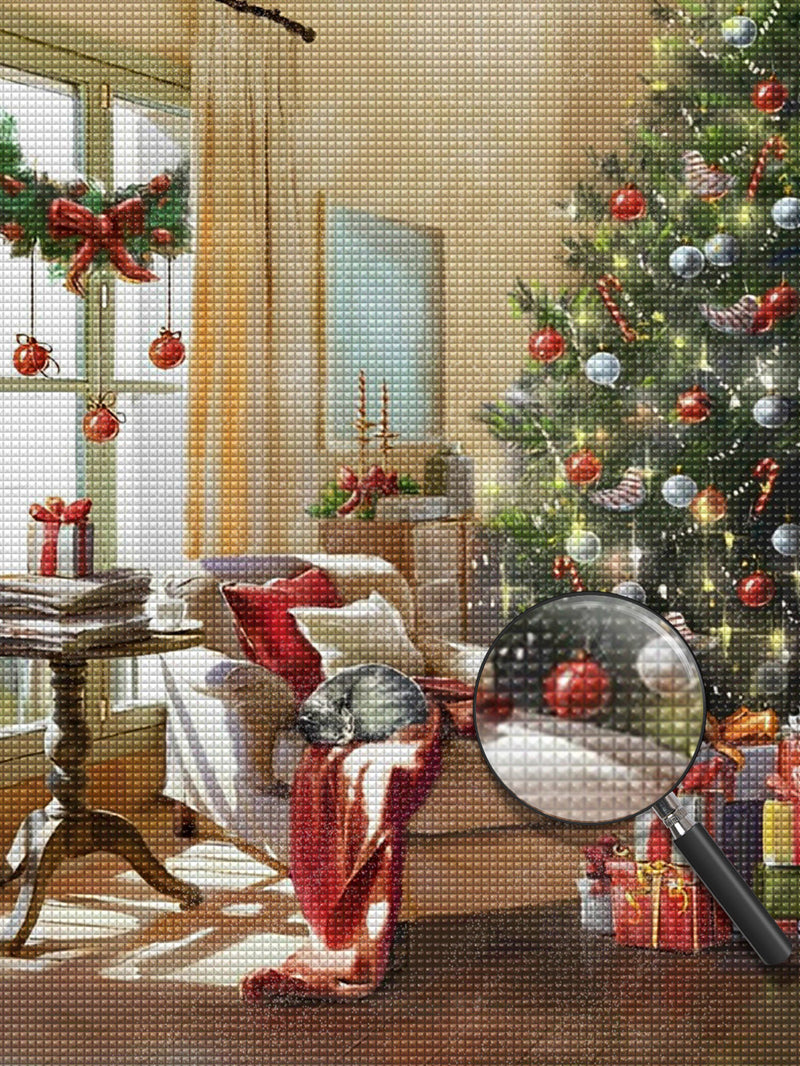 The Cat on the Christmas Tree Sofa Diamond Painting