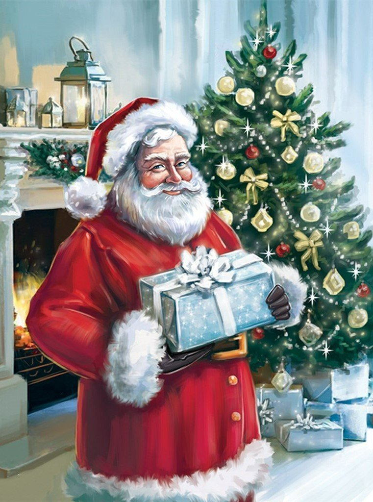 Santa Claus with a blue present Diamond Painting