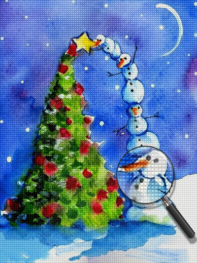 Snowmen picking stars on the Christmas tree Diamond Painting