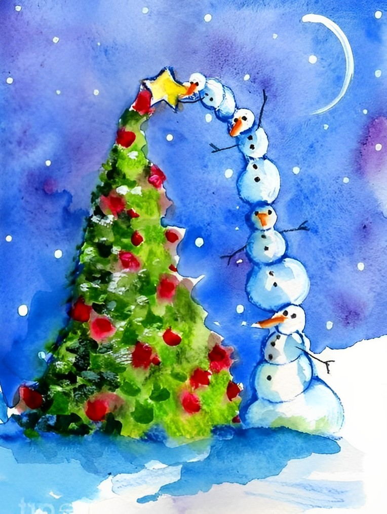 Snowmen picking stars on the Christmas tree Diamond Painting