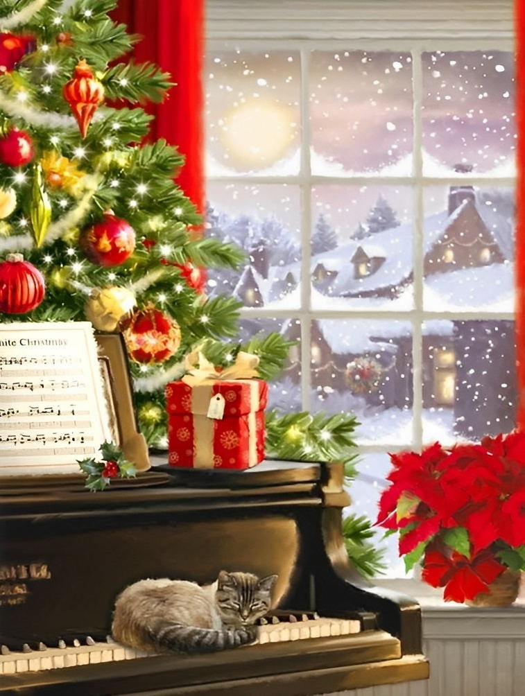 Christmas piano and Kitten Diamond Painting