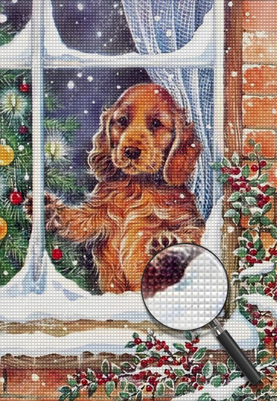 Golden retriever by the Christmas window Diamond Painting