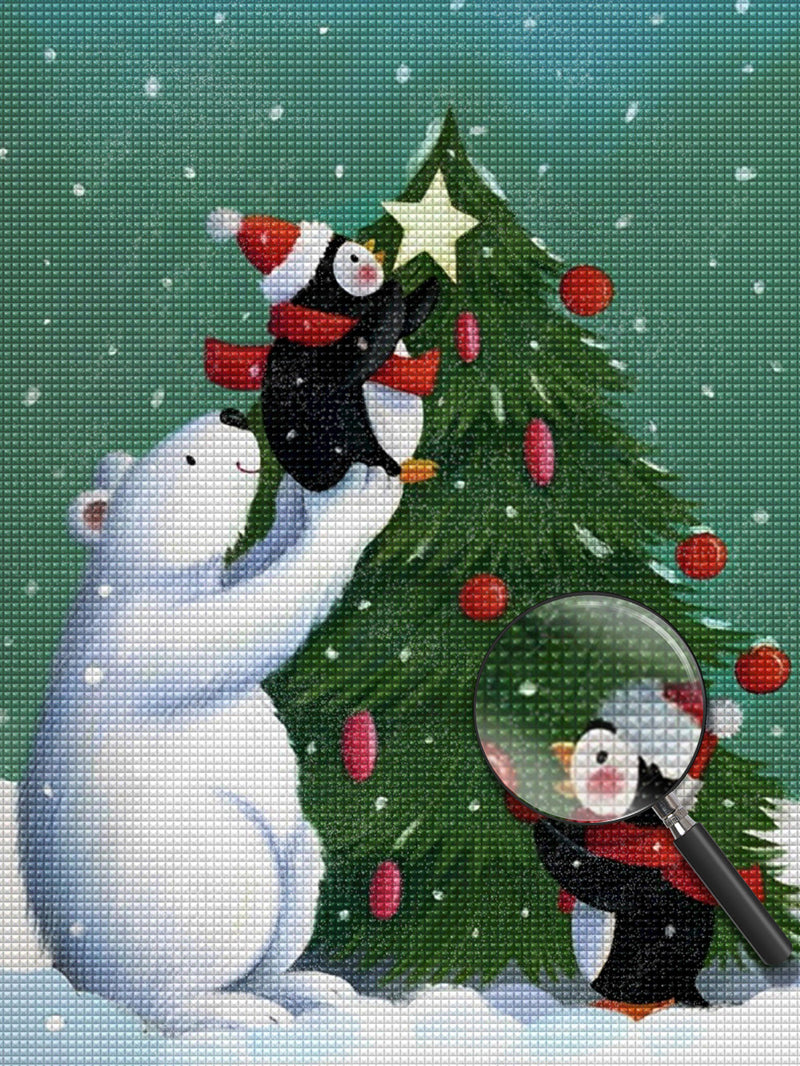 Polar bear and penguins celebrating Christmas Diamond Painting