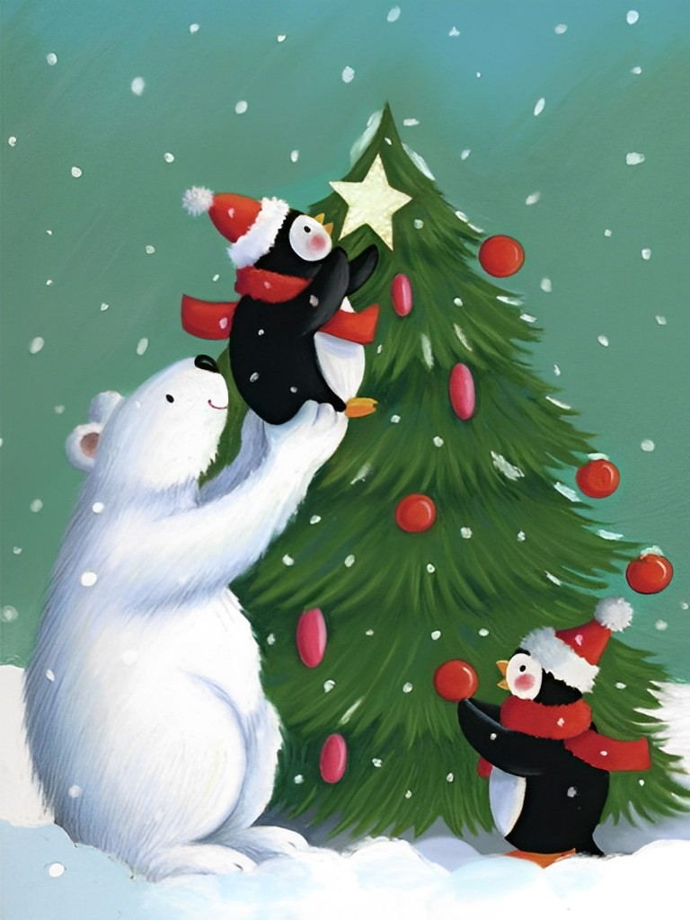 Polar bear and penguins celebrating Christmas Diamond Painting