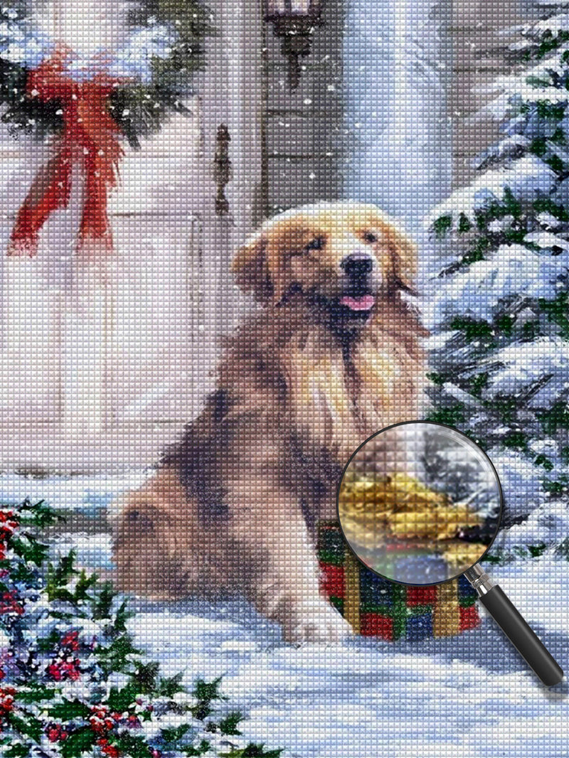 Golden Retriever receiving Christmas gift Diamond Painting