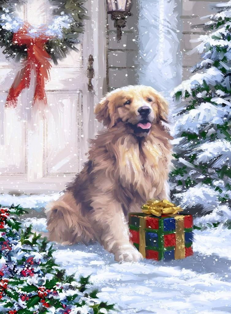 Golden Retriever receiving Christmas gift Diamond Painting