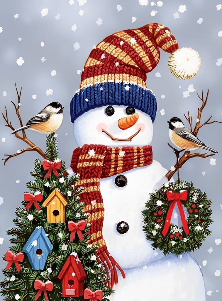 Christmas Snowman Street Bird Diamond Painting