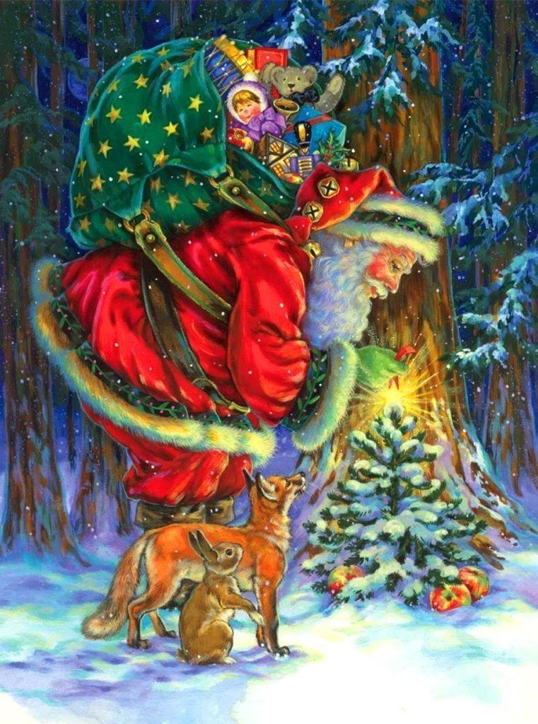 Santa Claus and forest animals carrying gifts Diamond Painting