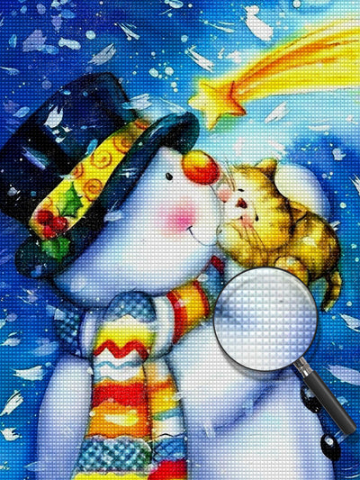 Snowman Cat and Shooting Star Diamond Painting