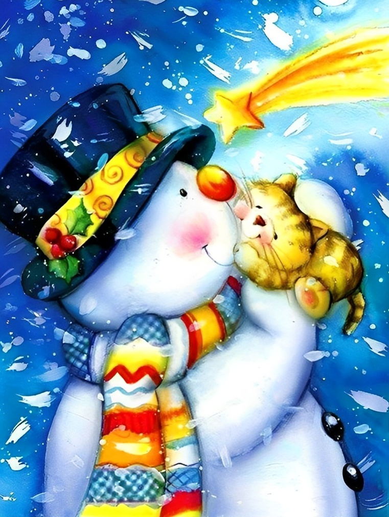 Snowman Cat and Shooting Star Diamond Painting