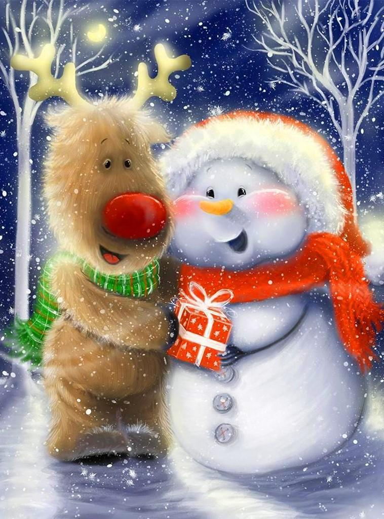 Cute cartoon snowman and Rudolph Diamond Painting