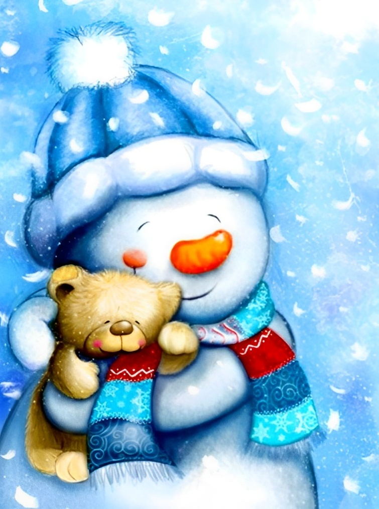 Snowman Holding a Bear Doll Diamond Painting