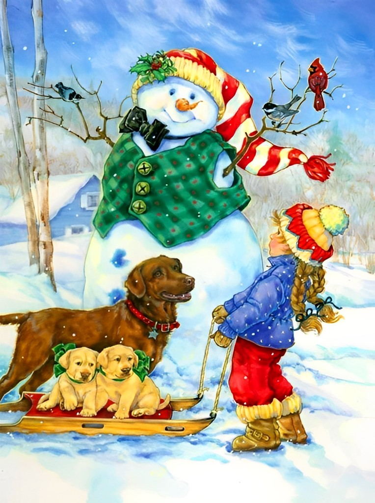 Snowman in green vest Diamond Painting