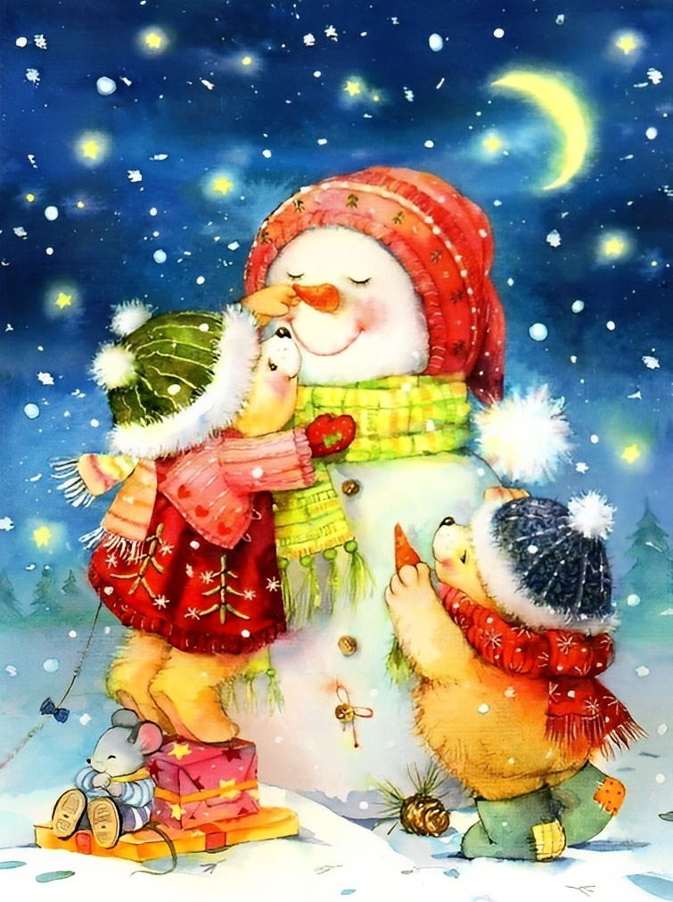 Snowman and Baby Bears Diamond Painting