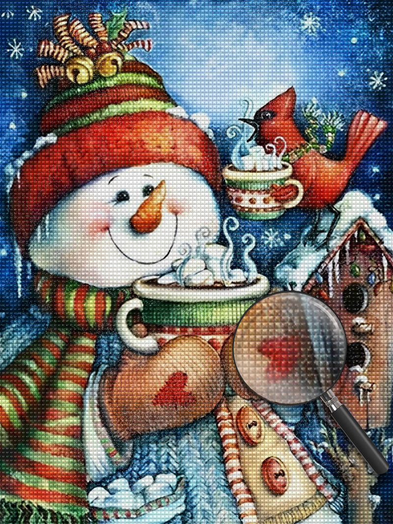 Snowman and cardinal Drinking Chocolat Diamond Painting