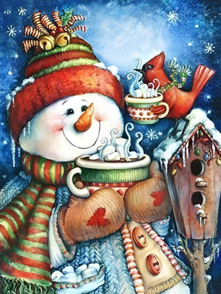 Snowman and cardinal Drinking Chocolat Diamond Painting