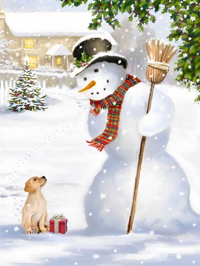 Tall snowman and puppy Diamond Painting