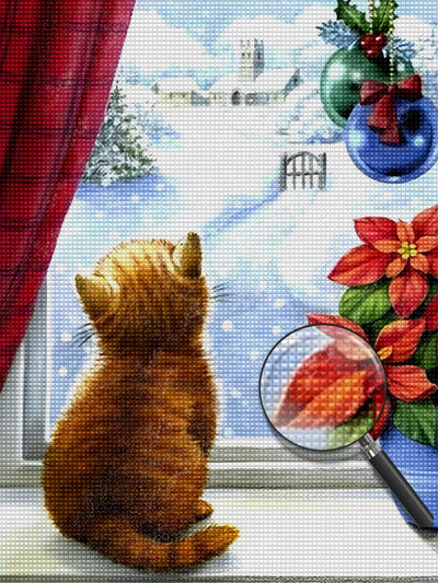 Orange Kitten by Window Christmas Diamond Painting