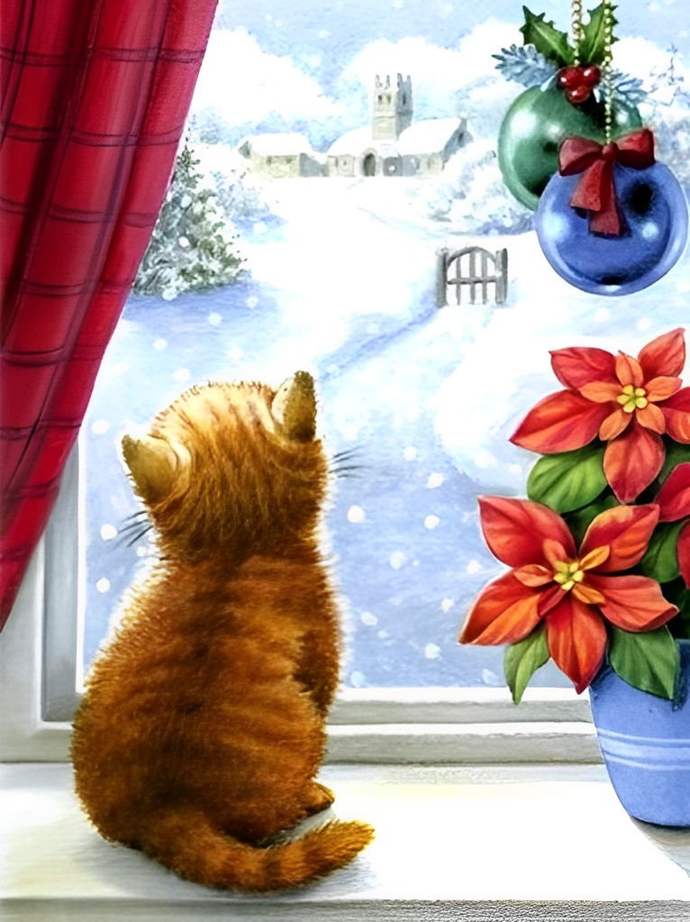 Orange Kitten by Window Christmas Diamond Painting