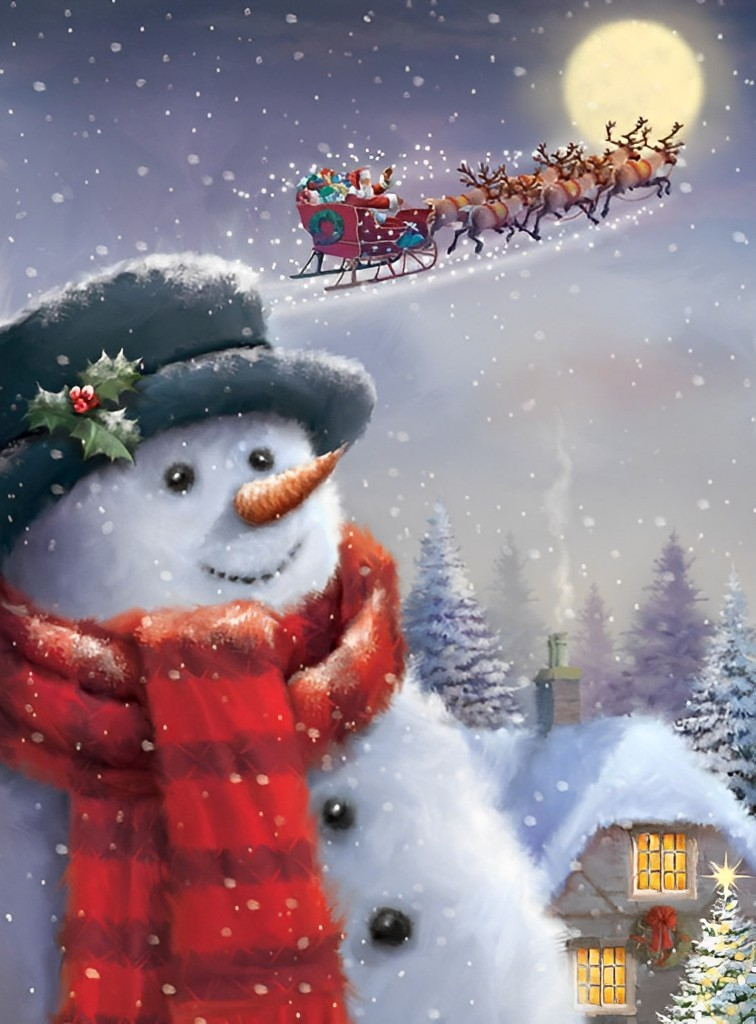 Snowman and Flying Santa Diamond Painting