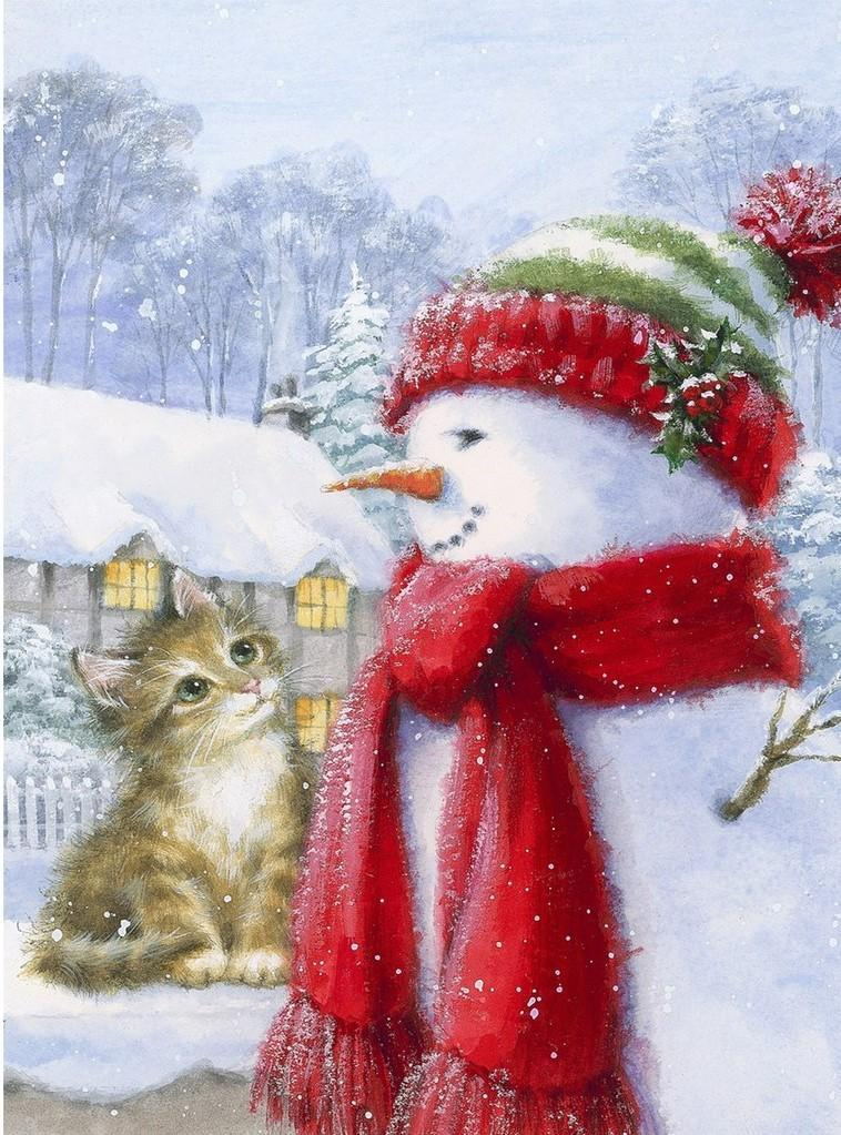 Cute kitten and snowman Diamond Painting