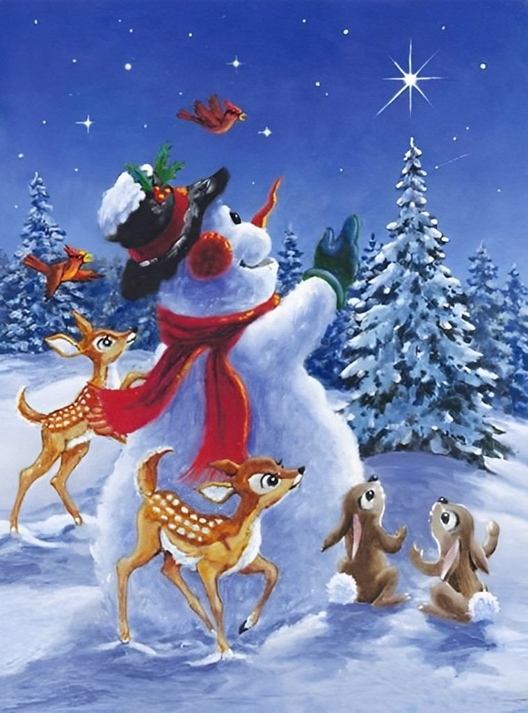 Snowman and small animals looking at the stars Diamond Painting