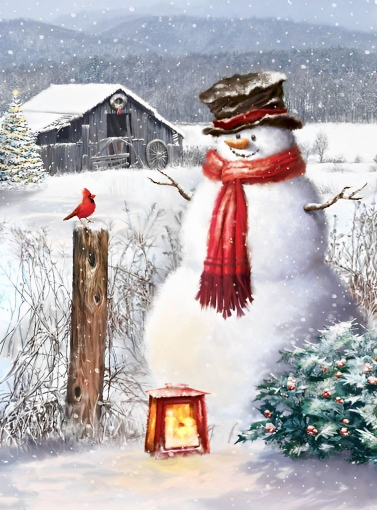 Snowman and bird Diamond Painting