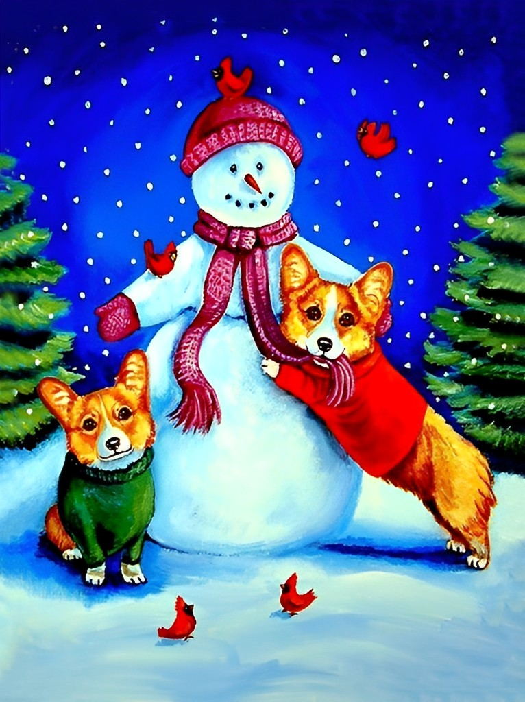 Corgi and Snowman Diamond Painting