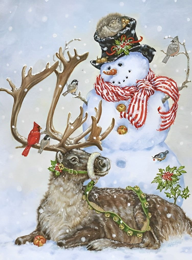 Snowman and Reindeer on Snow Diamond Painting