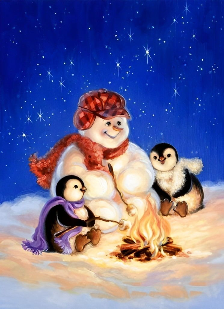 Penguins cuddling to snowman Diamond Painting