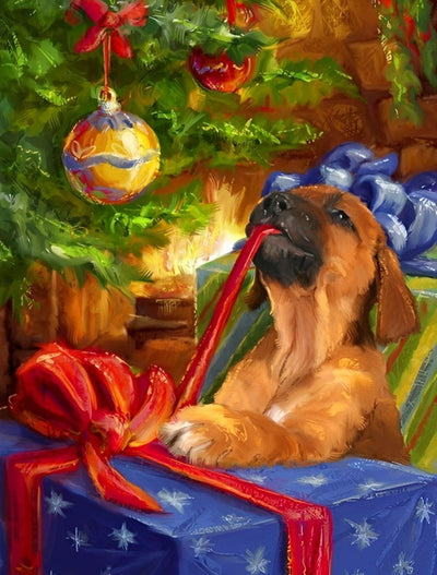 Puppy eager to open gifts 5D DIY Diamond Painting Kits