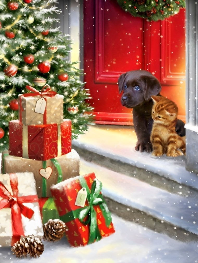 Christmas Kitty and Puppy Diamond Painting