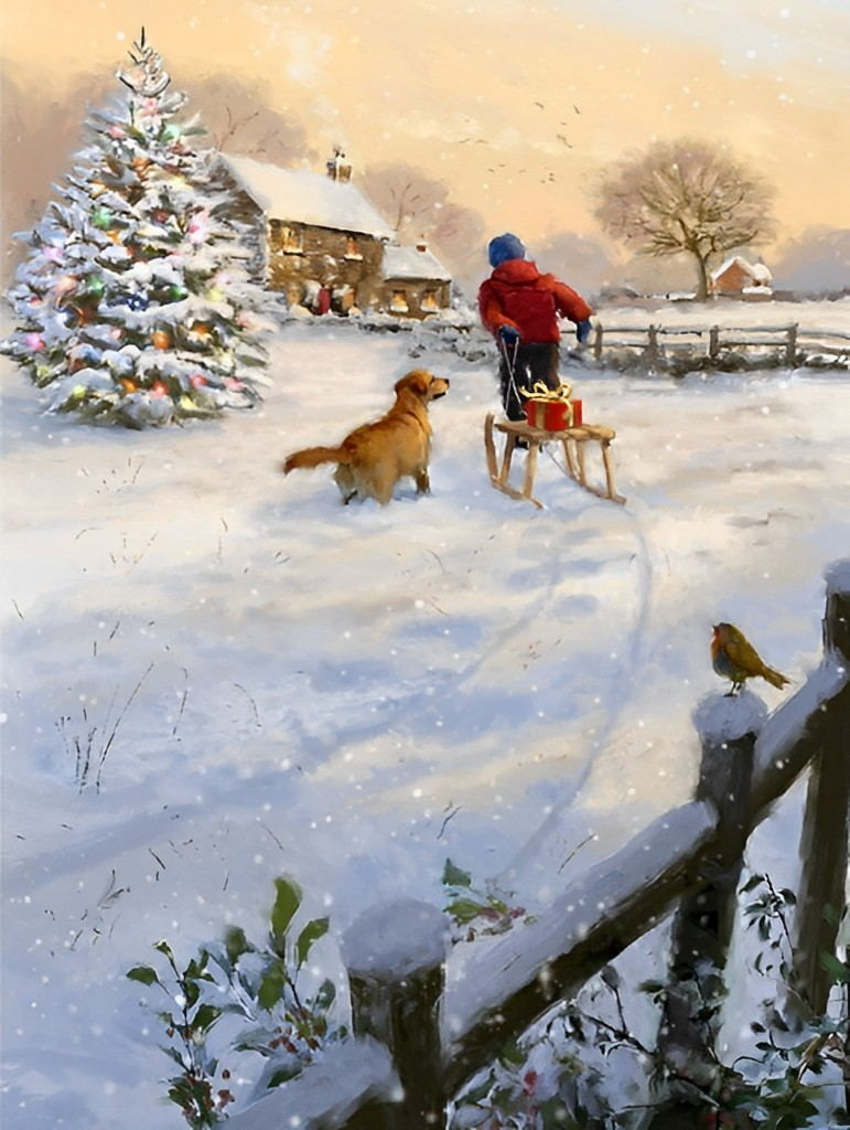 Christmas Tree Children Present Dogs Diamond Painting