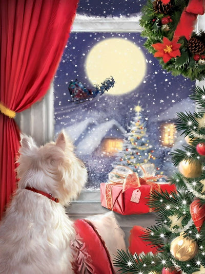 Dog by Window at Christmas 5D DIY Diamond Painting Kits