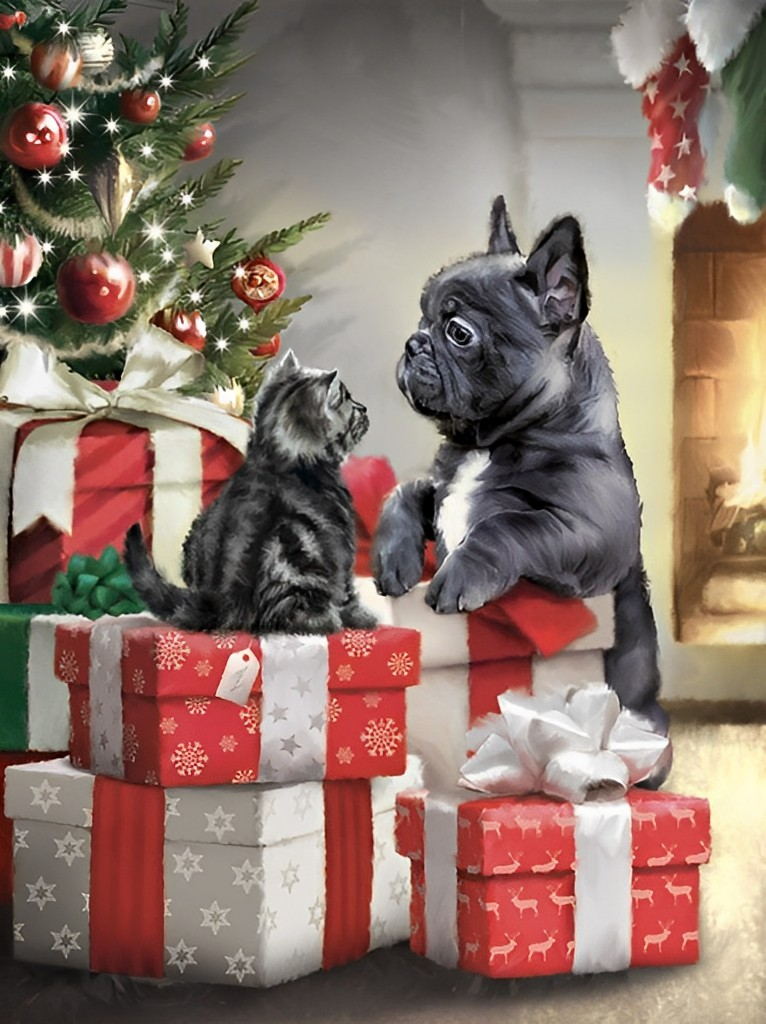 Black Cat and Dog Christmas Tree Diamond Painting