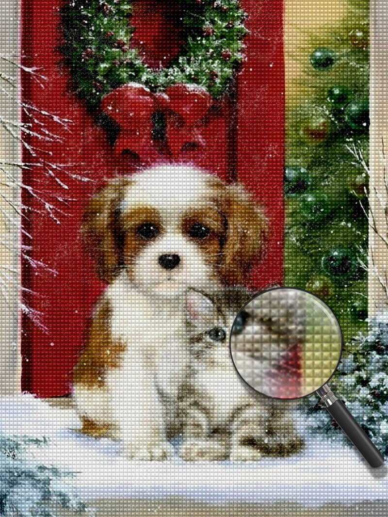 Dog And Cat Merry Christmas House Diamond Painting