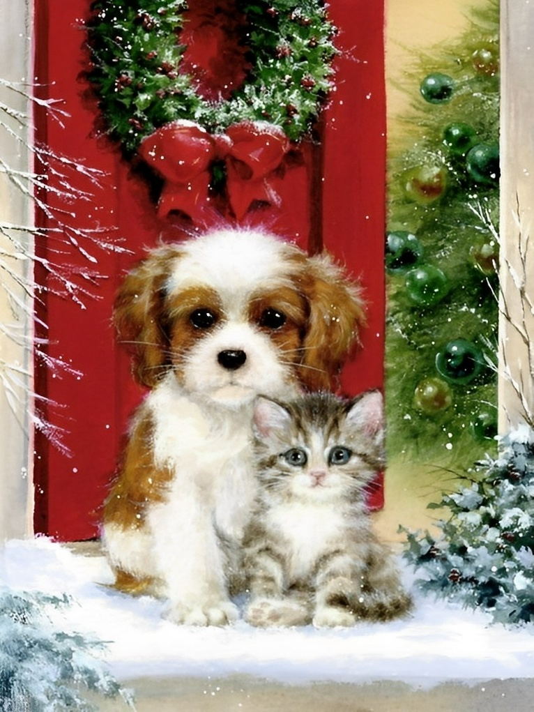 Dog And Cat Merry Christmas House Diamond Painting