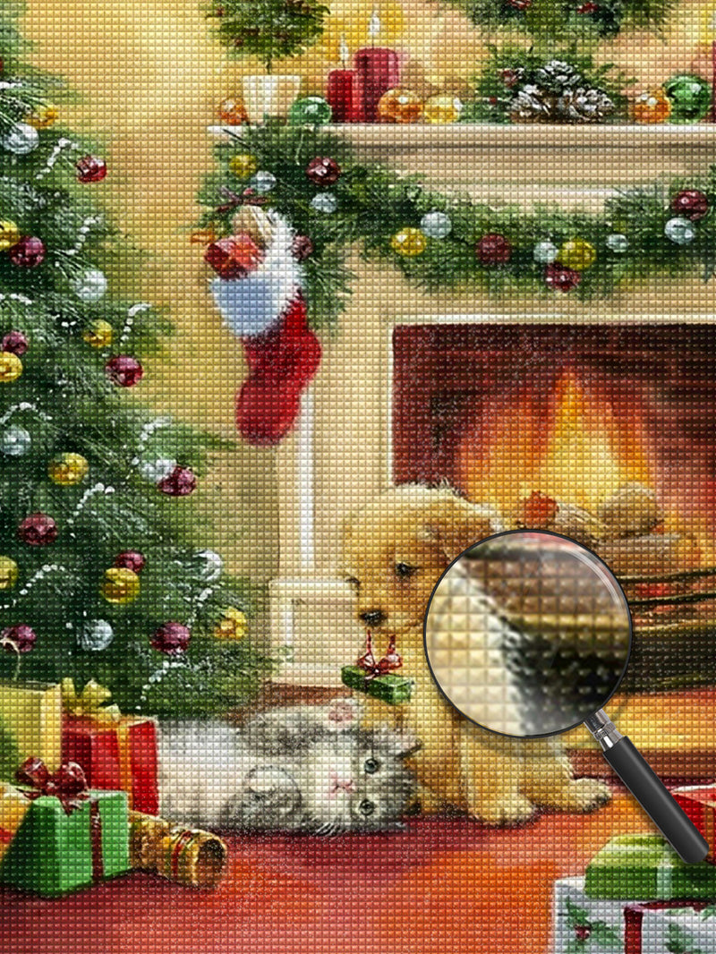 Christmas Fireplace With Dog Diamond Painting