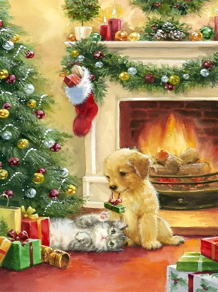 Christmas Fireplace With Dog Diamond Painting