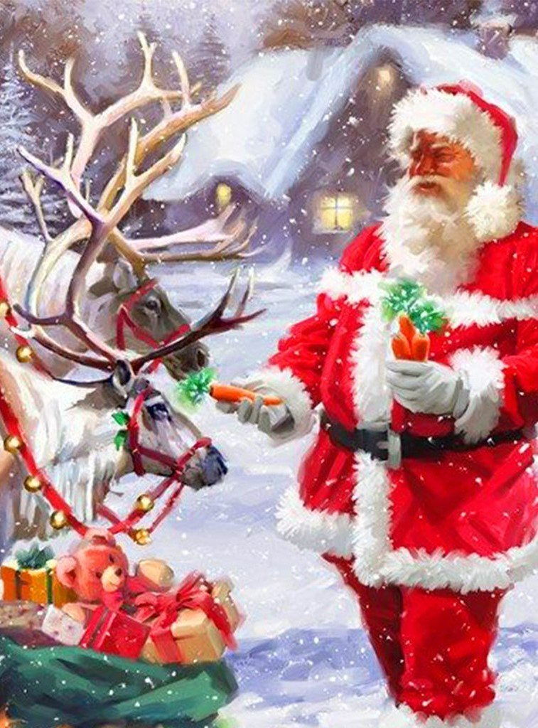 Santa Claus feeding reindeer and eating carrots Diamond Painting