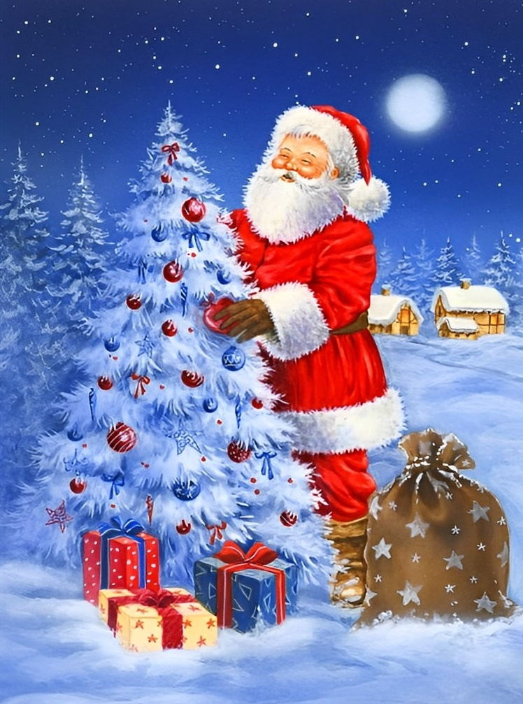 Christmas Tree and Santa Claus Night Diamond Painting