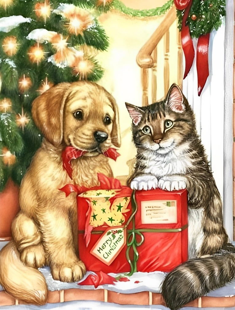 Kitten & Puppy at Christmas Diamond Painting