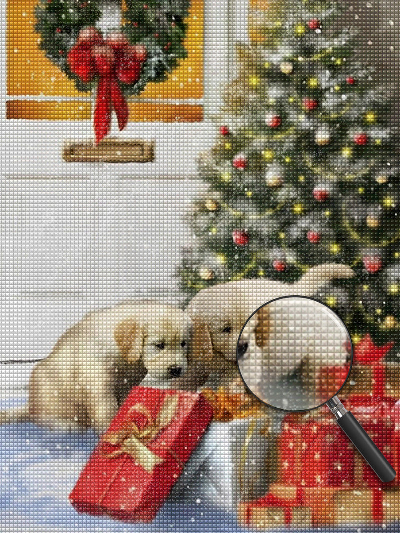 Christmas White Dog Christmas Tree Diamond Painting