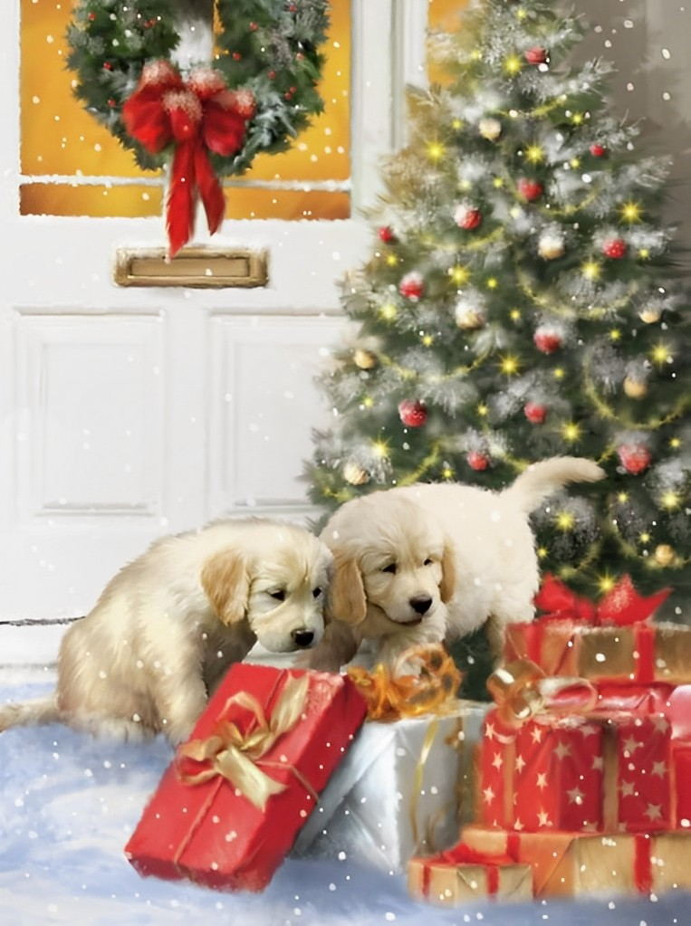 Christmas White Dog Christmas Tree Diamond Painting