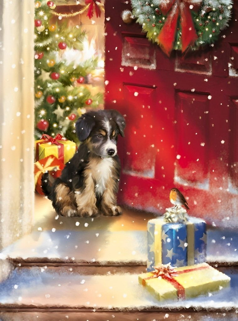 Christmas Tree Puppy and Presents Diamond Painting