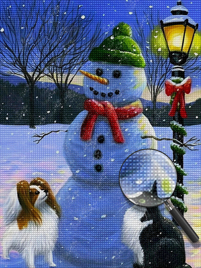 Snowman in a green hat and Pets Diamond Painting